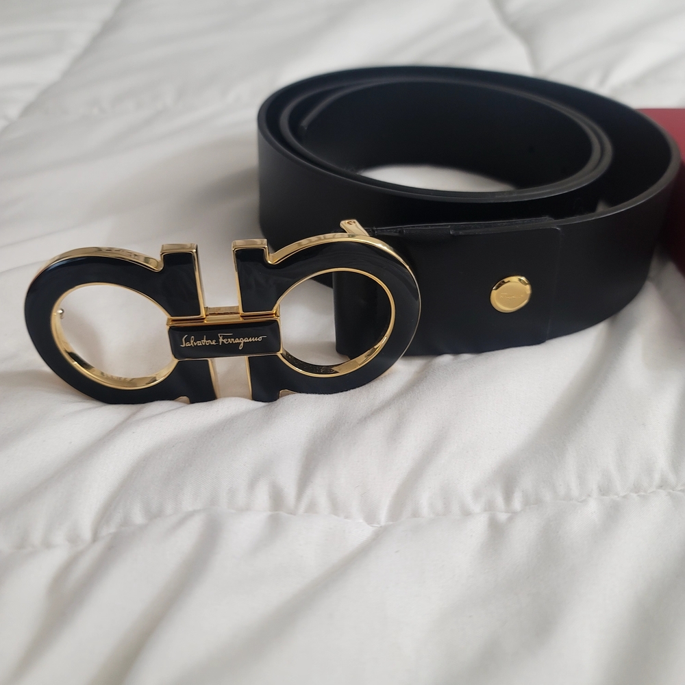 Salvatore Ferragamo Black Belt with Gold Buckle